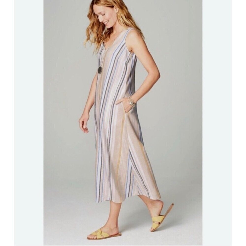 J.Jill Love Linen Striped A-line midi slip Dress Size S Sleeveless cream pockets